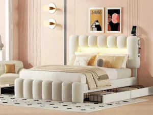 Store Gestoffeerd Bed 140X200Cm Met 4 Lades - Met Led + Usb Oplaadpoort + Lezer - Beige Fluwelen Bed