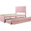 Outlet Gestoffeerd Linnen Bed 140X200Cm - Met Onderschuifbed Op Wielen En 3 Lades - Roze Bed Met Slaaplade