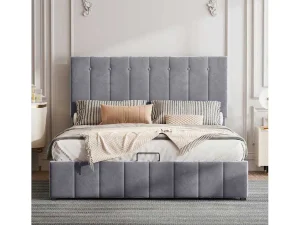 Discount Gestoffeerd Opbergbed - 140X200Cm - Fluwelen Stof - Grijs Fluwelen Bed