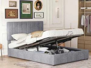 Discount Gestoffeerd Opbergbed - 140X200Cm - Fluwelen Stof - Grijs Fluwelen Bed