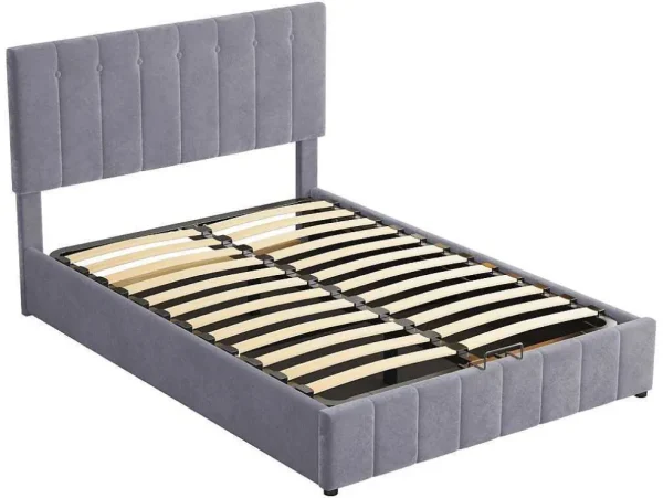 Discount Gestoffeerd Opbergbed - 140X200Cm - Fluwelen Stof - Grijs Fluwelen Bed