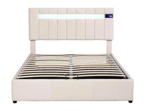 Store Gestoffeerd Opbergbed 140X200Cm - Stof Fluweel - Met Led En Bluetooth Speler - Beige Fluwelen Bed