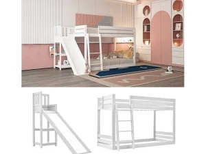 Flash Sale Grenen Stapelbed Met Plank En Glijbaan + Lattenbodem - 90X200Cm - Wit Kinderbed Stapelbed