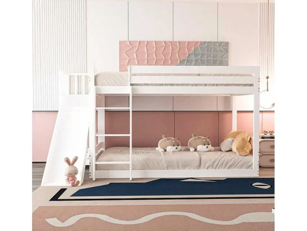 Flash Sale Grenen Stapelbed Met Plank En Glijbaan + Lattenbodem - 90X200Cm - Wit Kinderbed Stapelbed