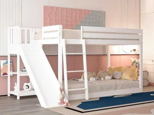 Flash Sale Grenen Stapelbed Met Plank En Glijbaan + Lattenbodem - 90X200Cm - Wit Kinderbed Stapelbed