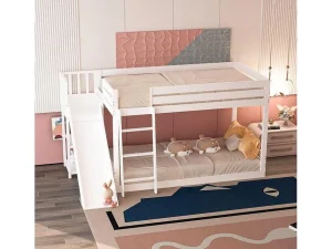 Flash Sale Grenen Stapelbed Met Plank En Glijbaan + Lattenbodem - 90X200Cm - Wit Kinderbed Stapelbed