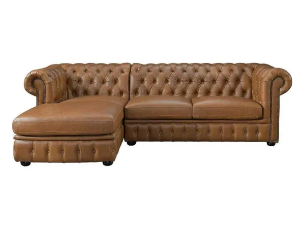 Sale Hoekbank Chesterfield Brenton 100% Buffelleer - Hoek Links - Vintage Caramel Leren Zitbank