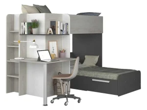 Fashion Hoekstapelbed 2 X 90 X 190 Cm - Met Bureau - Grijs, Wit En Zwart - Samuel Kinderbed Stapelbed