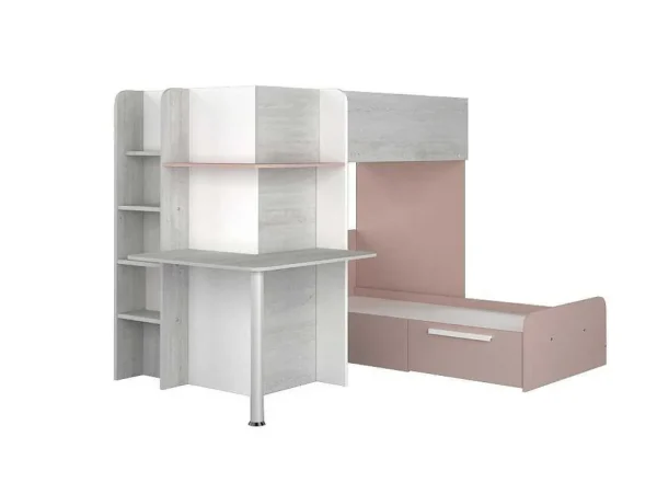 Sale Hoekstapelbed 2 X 90 X 190 Cm - Met Bureau - Grijs, Wit En Roze + Matras - Samuel Kinderbed Stapelbed