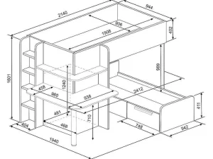 Fashion Hoekstapelbed 2 X 90 X 190 Cm - Met Bureau - Grijs, Wit En Zwart - Samuel Kinderbed Stapelbed