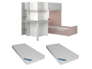 Sale Hoekstapelbed 2 X 90 X 190 Cm - Met Bureau - Grijs, Wit En Roze + Matras - Samuel Kinderbed Stapelbed