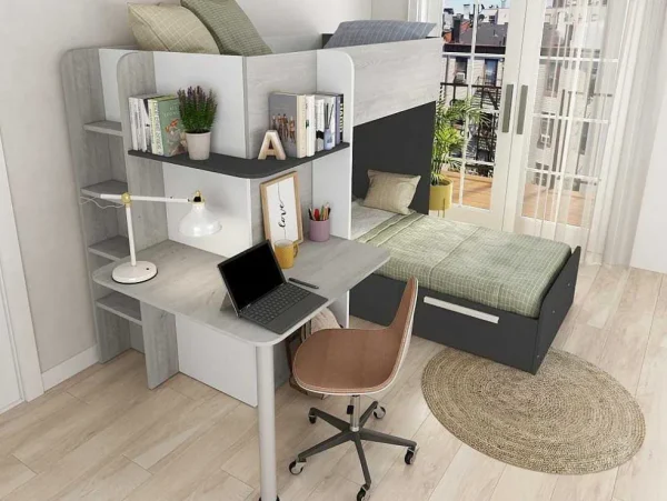 Fashion Hoekstapelbed 2 X 90 X 190 Cm - Met Bureau - Grijs, Wit En Zwart - Samuel Kinderbed Stapelbed