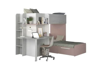 Sale Hoekstapelbed 2 X 90 X 190 Cm - Met Bureau - Grijs, Wit En Roze + Matras - Samuel Kinderbed Stapelbed