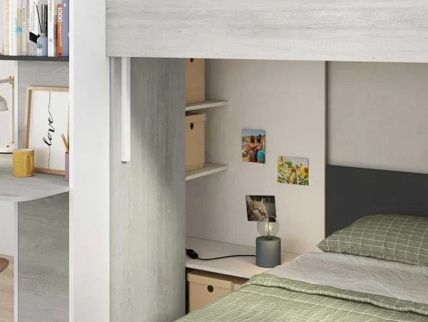 Fashion Hoekstapelbed 2 X 90 X 190 Cm - Met Bureau - Grijs, Wit En Zwart - Samuel Kinderbed Stapelbed