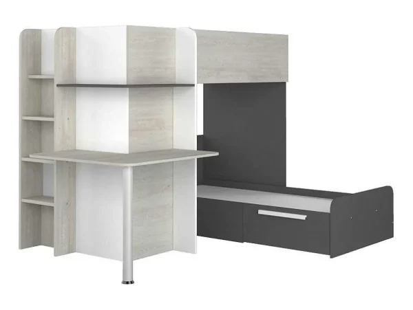 Fashion Hoekstapelbed 2 X 90 X 190 Cm - Met Bureau - Grijs, Wit En Zwart - Samuel Kinderbed Stapelbed