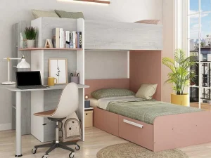 Sale Hoekstapelbed 2 X 90 X 190 Cm - Met Bureau - Grijs, Wit En Roze + Matras - Samuel Kinderbed Stapelbed