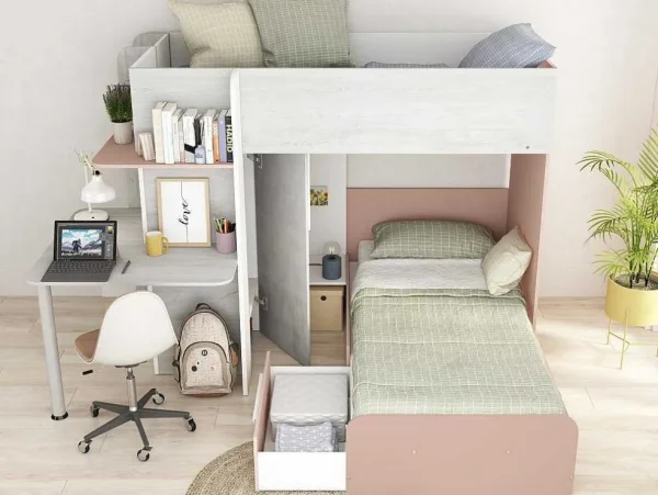 Sale Hoekstapelbed 2 X 90 X 190 Cm - Met Bureau - Grijs, Wit En Roze + Matras - Samuel Kinderbed Stapelbed