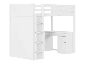 Outlet Hoogslaper 90 X 200 Cm Met Bureau, Opbergplanken, Lades En Ladder, Mdf-Hout, Wit Kinderbed Hoogslaper