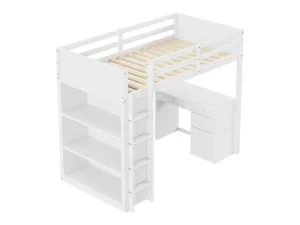 Outlet Hoogslaper 90 X 200 Cm Met Bureau, Opbergplanken, Lades En Ladder, Mdf-Hout, Wit Kinderbed Hoogslaper