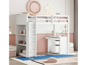 Outlet Hoogslaper 90 X 200 Cm Met Bureau, Opbergplanken, Lades En Ladder, Mdf-Hout, Wit Kinderbed Hoogslaper