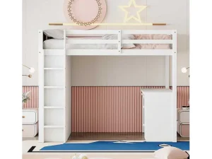 Outlet Hoogslaper 90 X 200 Cm Met Bureau, Opbergplanken, Lades En Ladder, Mdf-Hout, Wit Kinderbed Hoogslaper