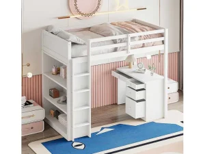 Outlet Hoogslaper 90 X 200 Cm Met Bureau, Opbergplanken, Lades En Ladder, Mdf-Hout, Wit Kinderbed Hoogslaper