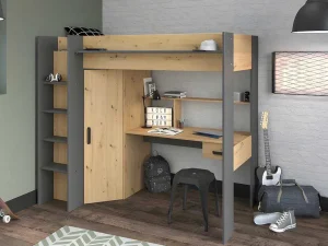 Fashion Hoogslaper Met Bureau En Kast - 90X200Cm - Naturel En Antraciet + Matras - Auckland Kinderbed Hoogslaper