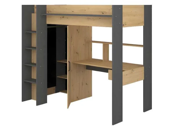 Fashion Hoogslaper Met Bureau En Kast - 90X200Cm - Naturel En Antraciet + Matras - Auckland Kinderbed Hoogslaper