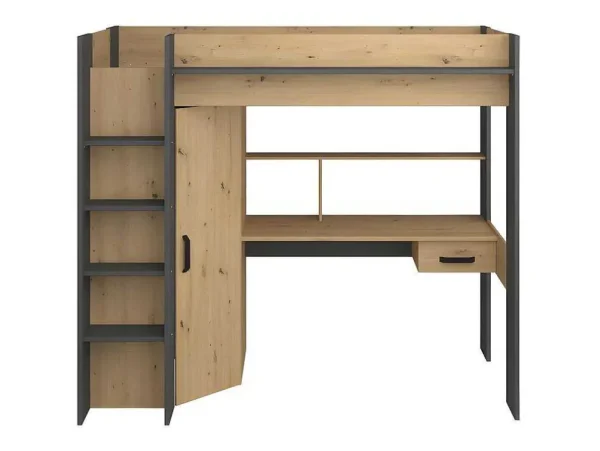 Fashion Hoogslaper Met Bureau En Kast - 90X200Cm - Naturel En Antraciet + Matras - Auckland Kinderbed Hoogslaper