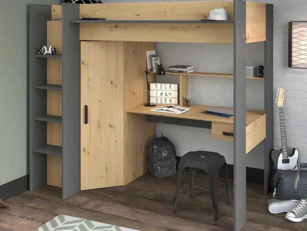 Fashion Hoogslaper Met Bureau En Kast - 90X200Cm - Naturel En Antraciet + Matras - Auckland Kinderbed Hoogslaper