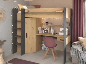 Fashion Hoogslaper Met Bureau En Kast - 90X200Cm - Naturel En Antraciet + Matras - Auckland Kinderbed Hoogslaper