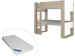 Sale Hoogslaper Met Bureau En Opbergruimte - 90 X 200 Cm - Eik En Wit + Matras - Noah Ii Kinderbed Hoogslaper