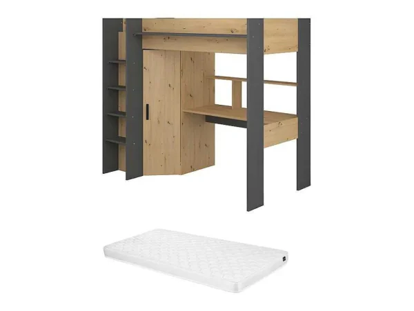 Fashion Hoogslaper Met Bureau En Kast - 90X200Cm - Naturel En Antraciet + Matras - Auckland Kinderbed Hoogslaper