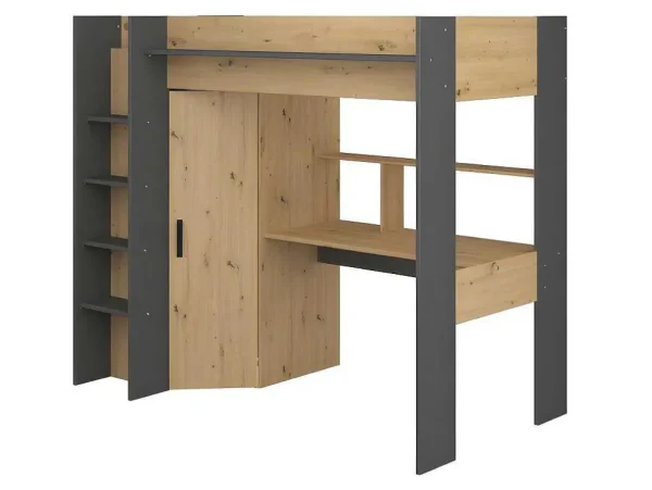 Fashion Hoogslaper Met Bureau En Kast - 90X200Cm - Naturel En Antraciet + Matras - Auckland Kinderbed Hoogslaper