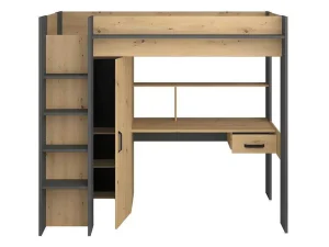 Fashion Hoogslaper Met Bureau En Kast - 90X200Cm - Naturel En Antraciet + Matras - Auckland Kinderbed Hoogslaper