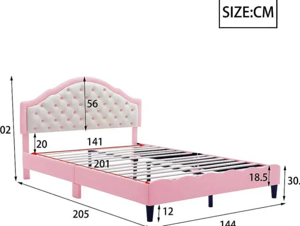 New Kinderbed 140X200Cm Met Gewatteerde Rugleuning In Kunstleer - Lattenbodem - Roze Kinderbed