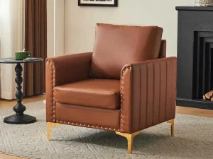 Shop Kunstleren Chesterfield Fauteuil Met Dik Kussen - Goud Metalen Poten - Bruin Fauteuil Leer