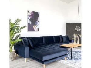 Hot Lido Bank Met Chaise Longue Links Velours Donker Blauw. Hoekbank