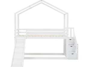 Best Sale Massief Grenen Stapelbed 90X200Cm - Met Opbergtrap En Glijbaan - Wit Kinderbed Stapelbed