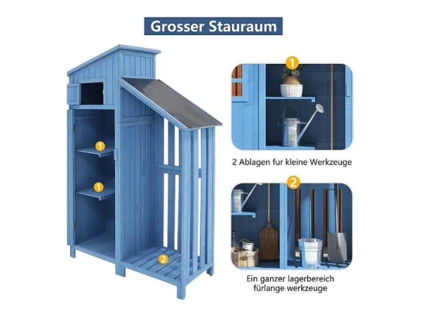 Best Sale Massief Houten Tuinhuis Met Pvc Schuin Dak - 2 Planken 3 Klapdeuren - L124 X D46 X H174 Cm - Blauw Tuinhuis