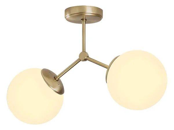 Outlet Metalen Plafondlamp Met 2 Bollen Damar - L. 44 X H. 28 Cm - Wit En Goudkleurig Plafondlamp