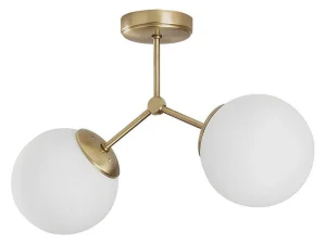 Outlet Metalen Plafondlamp Met 2 Bollen Damar - L. 44 X H. 28 Cm - Wit En Goudkleurig Plafondlamp