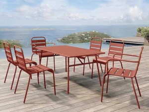 Best Metalen Tuinset - Tafel L.160 Cm Met 2 Stapelstoelen En 4 Stapelstoelen - Terracotta - Mirmande Tuinset