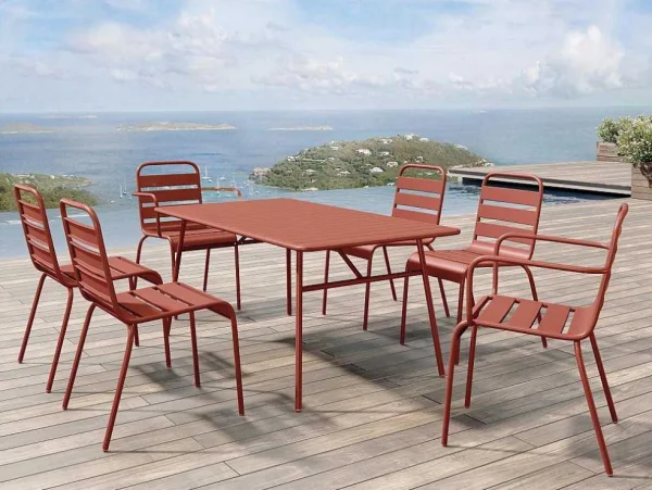 Best Metalen Tuinset - Tafel L.160 Cm Met 2 Stapelstoelen En 4 Stapelstoelen - Terracotta - Mirmande Tuinset