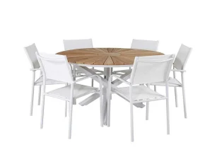 Fashion Mexico Tuinmeubelset Tafel O140Cm En 6 Stoel Santorini Wit, Naturel. Tuinset