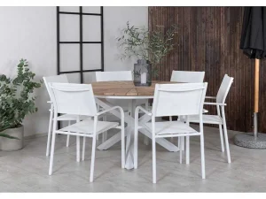 Fashion Mexico Tuinmeubelset Tafel O140Cm En 6 Stoel Santorini Wit, Naturel. Tuinset