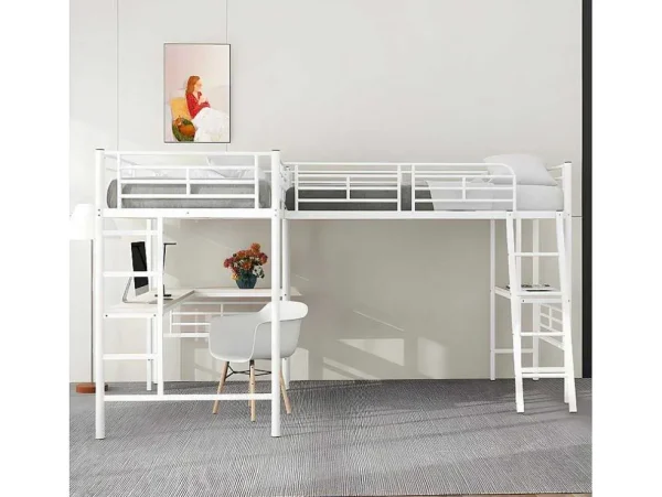 Store Mezzaninebed - 2 Bedden 90X200 Cm - 2 Bureaus Onder Het Bed - Wit Kinderbed Hoogslaper