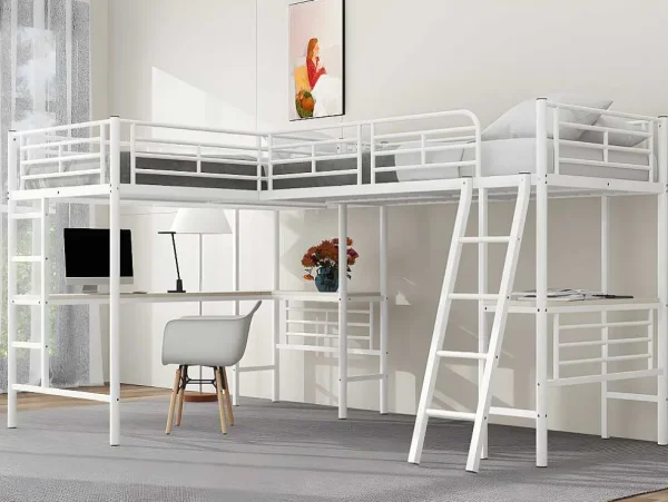 Store Mezzaninebed - 2 Bedden 90X200 Cm - 2 Bureaus Onder Het Bed - Wit Kinderbed Hoogslaper