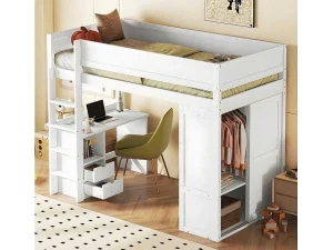 Shop Mezzaninebed 90X200Cm - Multifunctioneel Kinderbed - Voorzien Van Kledingkast En Bureau - In Massief Grenen - Wit Kinderbed Hoogslaper