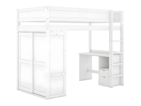 Shop Mezzaninebed 90X200Cm - Multifunctioneel Kinderbed - Voorzien Van Kledingkast En Bureau - In Massief Grenen - Wit Kinderbed Hoogslaper